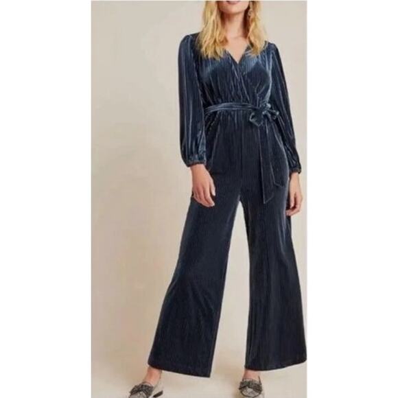 Anthropologie Ali & Jay LA Samantha Blue Ribbed Velvet Jumpsuit SIZE MP EUC - Picture 1 of 9